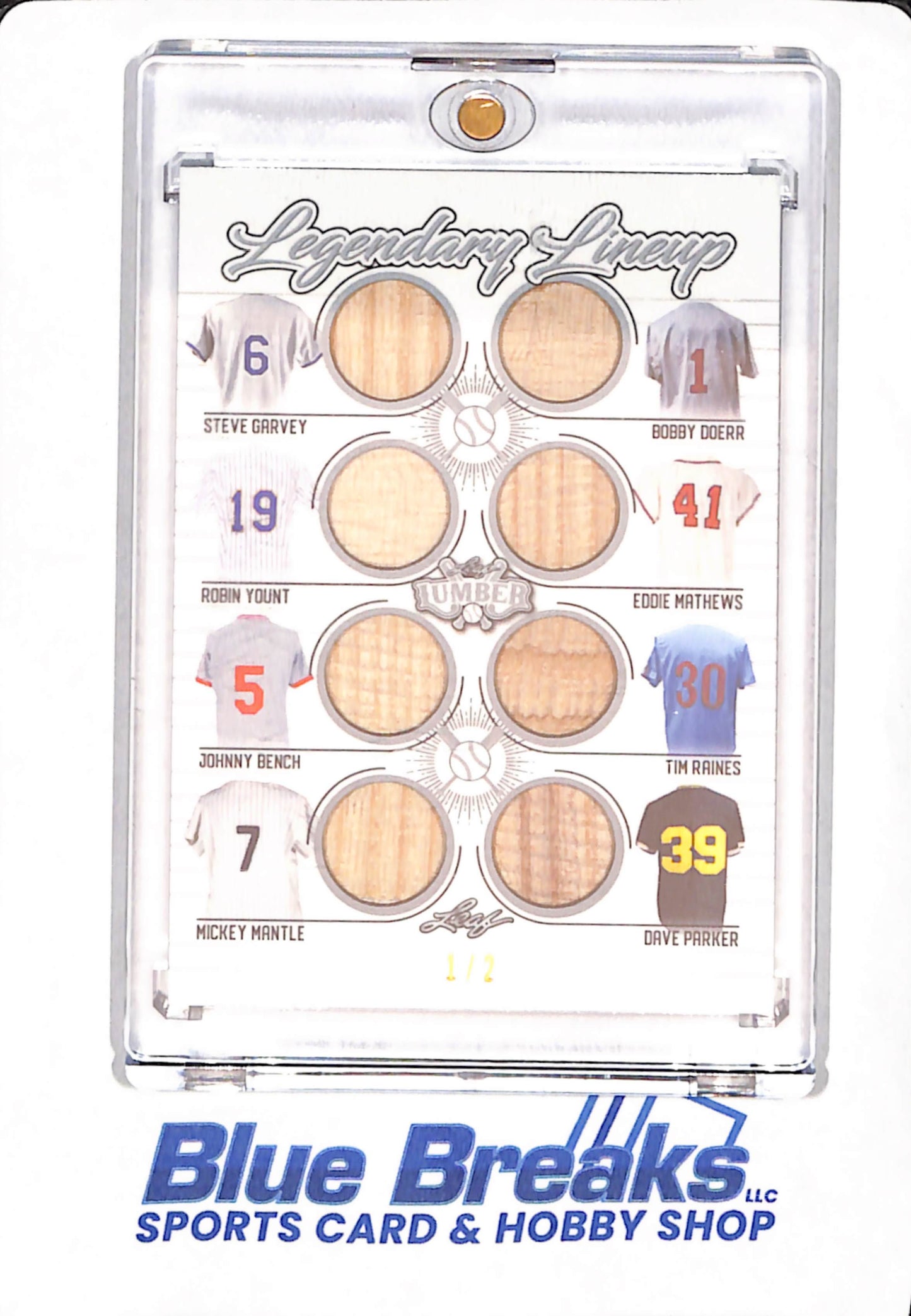 2021 Leaf Lumber - Legendary Lineup - Steve Garvey - Bobby Doerr - Robin Yount - Eddie Mathews - Johnny Bench - Tim Raines - Mickey Mantle - Dave Parker - Bat Relics - 1/2
