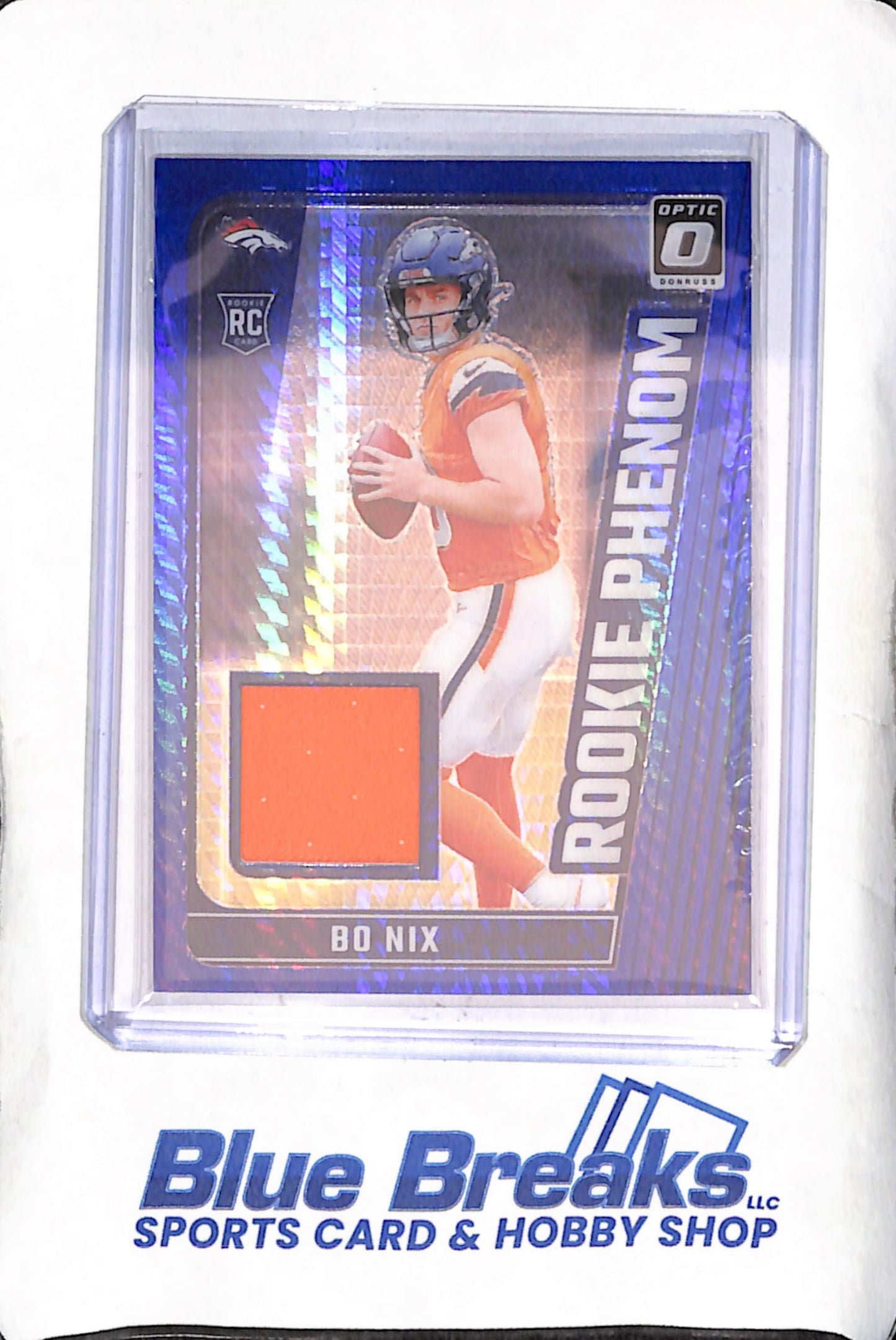 2024 Panini Donruss Optic - Bo Nix - Rookie Phenom - Relic - Blue Hyper Prizm - RC - Denver Broncos - Football - #RPB-BNX
