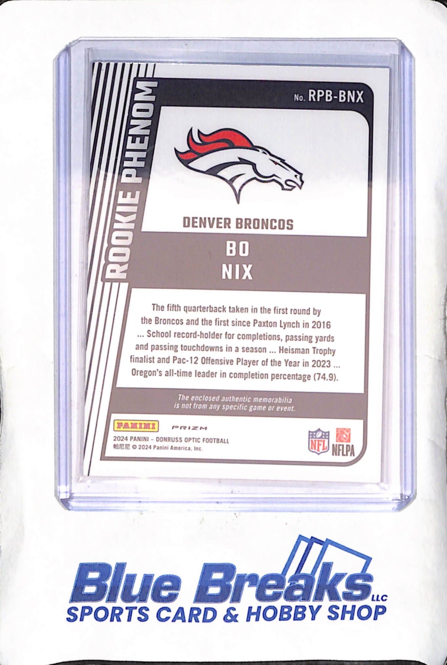 2024 Panini Donruss Optic - Bo Nix - Rookie Phenom - Relic - Blue Hyper Prizm - RC - Denver Broncos - Football - #RPB-BNX