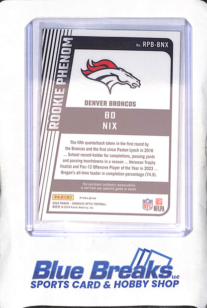 2024 Panini Donruss Optic - Bo Nix - Rookie Phenom - Relic - Blue Hyper Prizm - RC - Denver Broncos - Football - #RPB-BNX