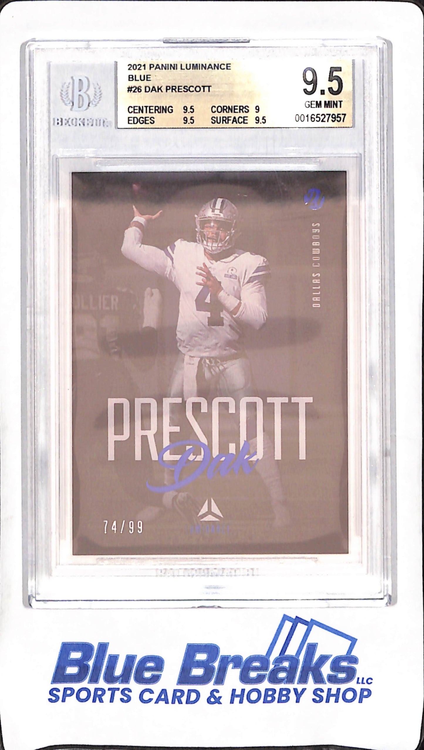 2021 Panini Luminance - Dak Prescott - Blue - 74/99 -Beckett 9.5 - Dallas Cowboys - Football - #26