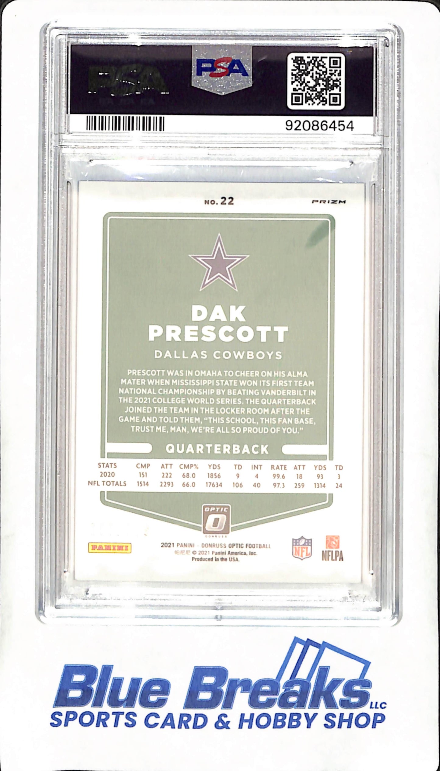 2021 Panini Donruss Optic - Dak Prescott - Blue -157/179 - PSA 9 - Dallas Cowboys - Football - #22