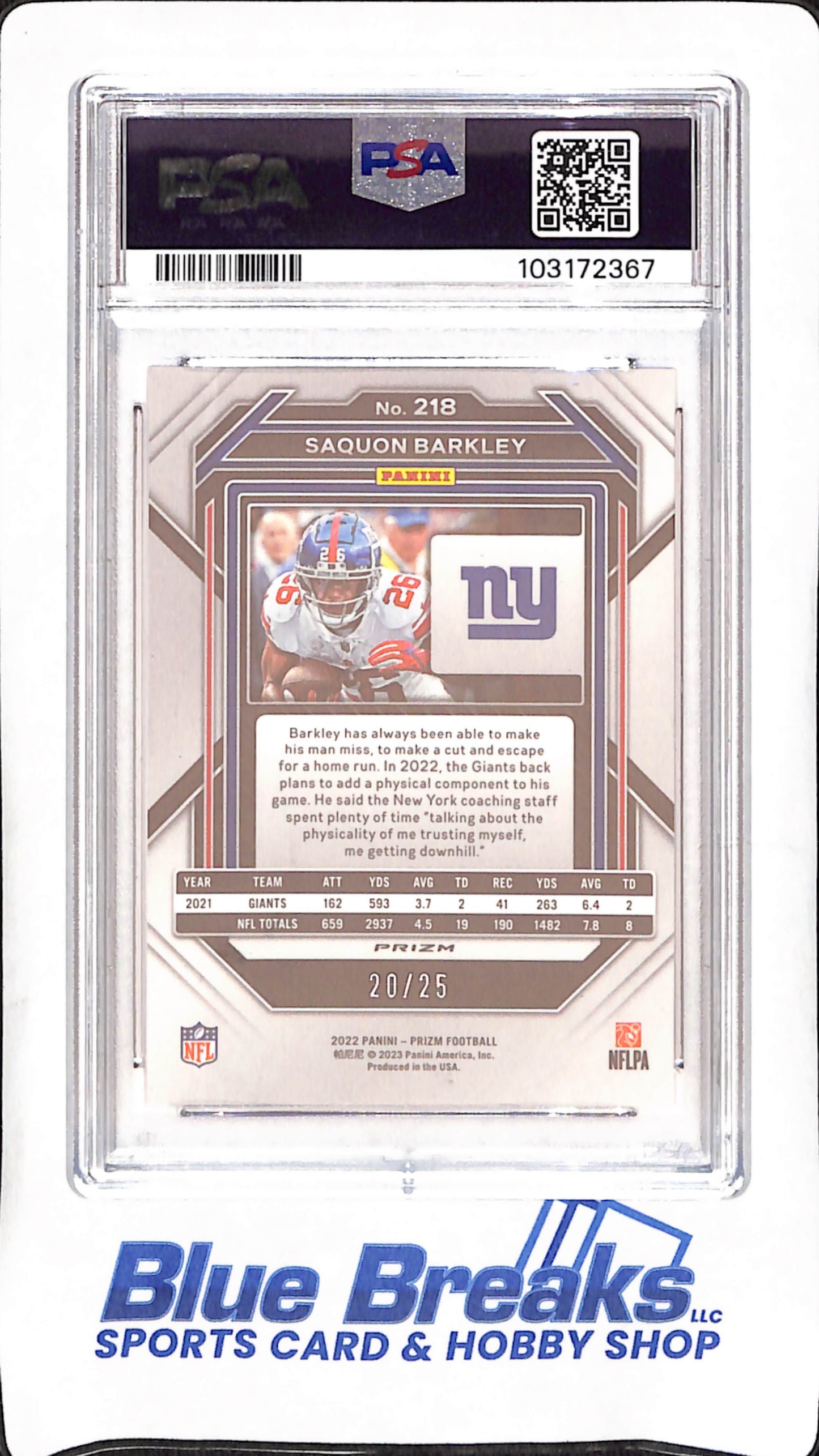 2020 Panini Select - Saquon Barkley - Blue Shimmer - 20/25 - PSA 8 - New York Giants - Football - #218