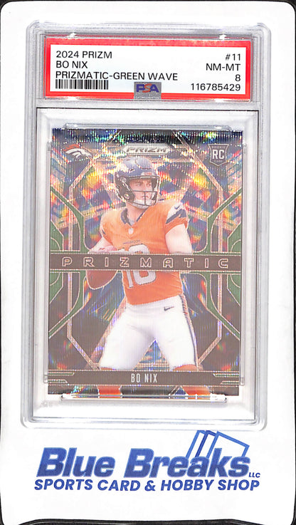 2024 Panini Prizm - Bo Nix - Green Wave Prizmatic - RC - PSA 8 - Denver Broncos - Football - #11
