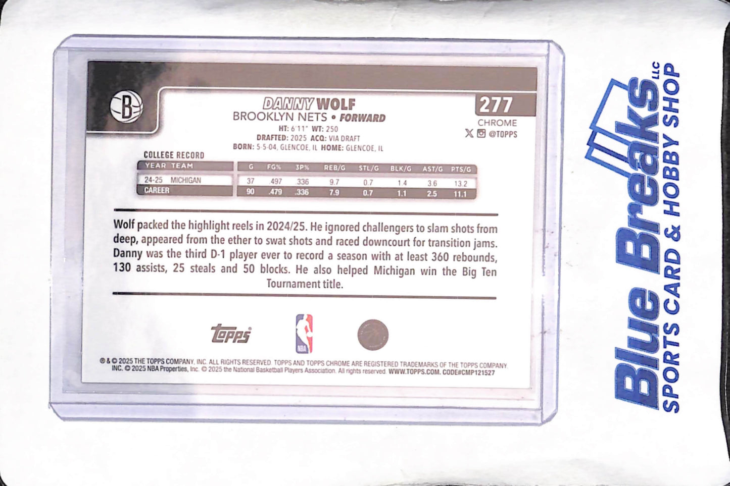 2025 Topps Chrome - Danny Wolf - Gold Speckle - Image Variation - RC - 6/50 - Brooklyn Nets - Basketball - #277