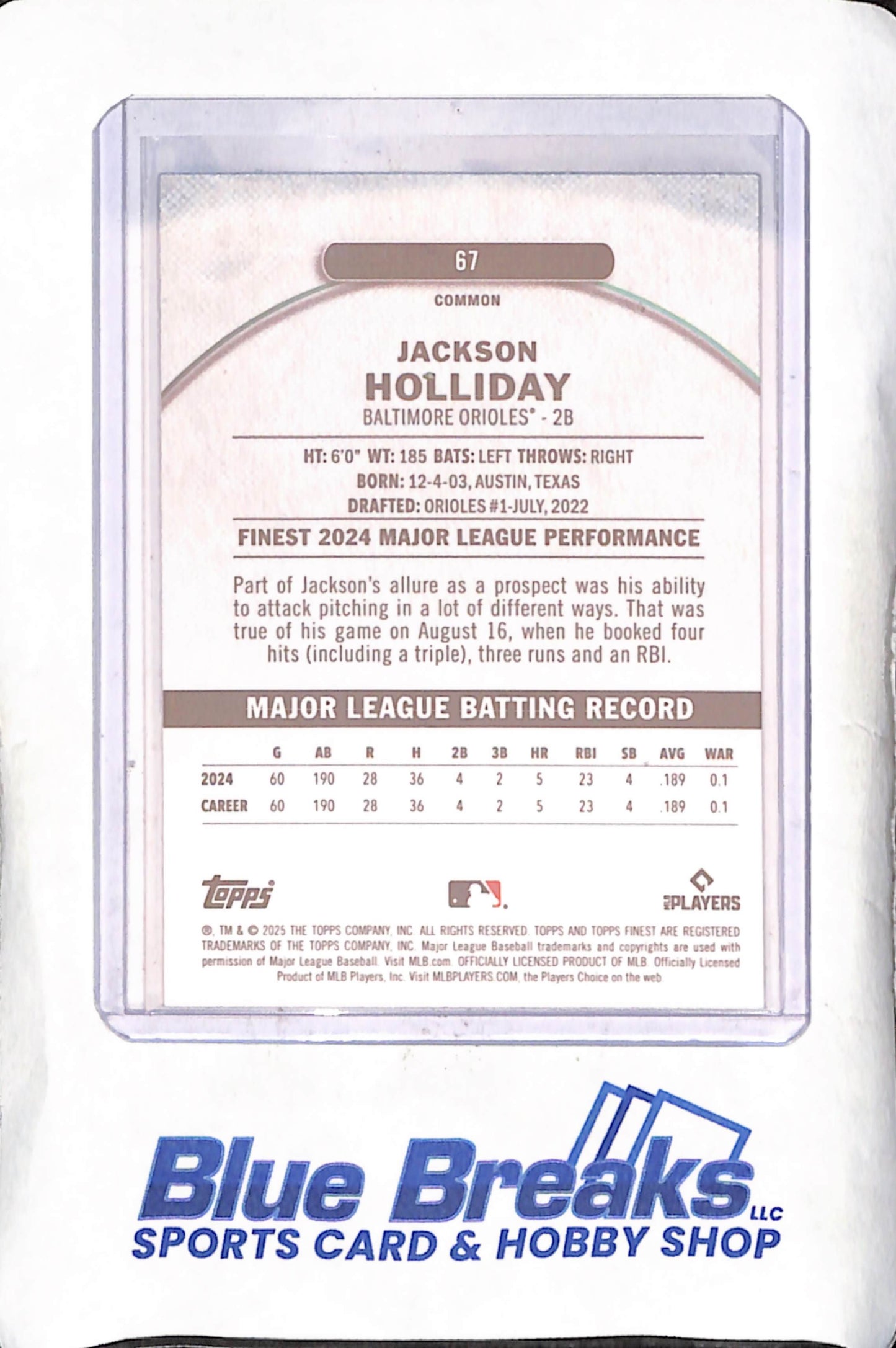 2025 Topps Finest - Jackson Holliday - Blue - 20/325 - Baltimore Orioles - Baseball - #67