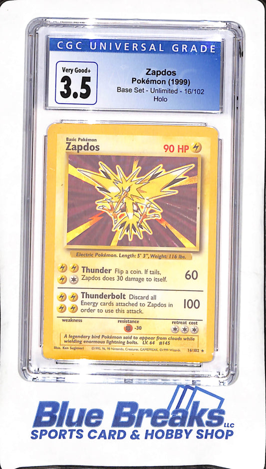 1999 Pokemon - Zapdos - Base Set - Unlimited - Holo - CGC 3.5 - 16/102