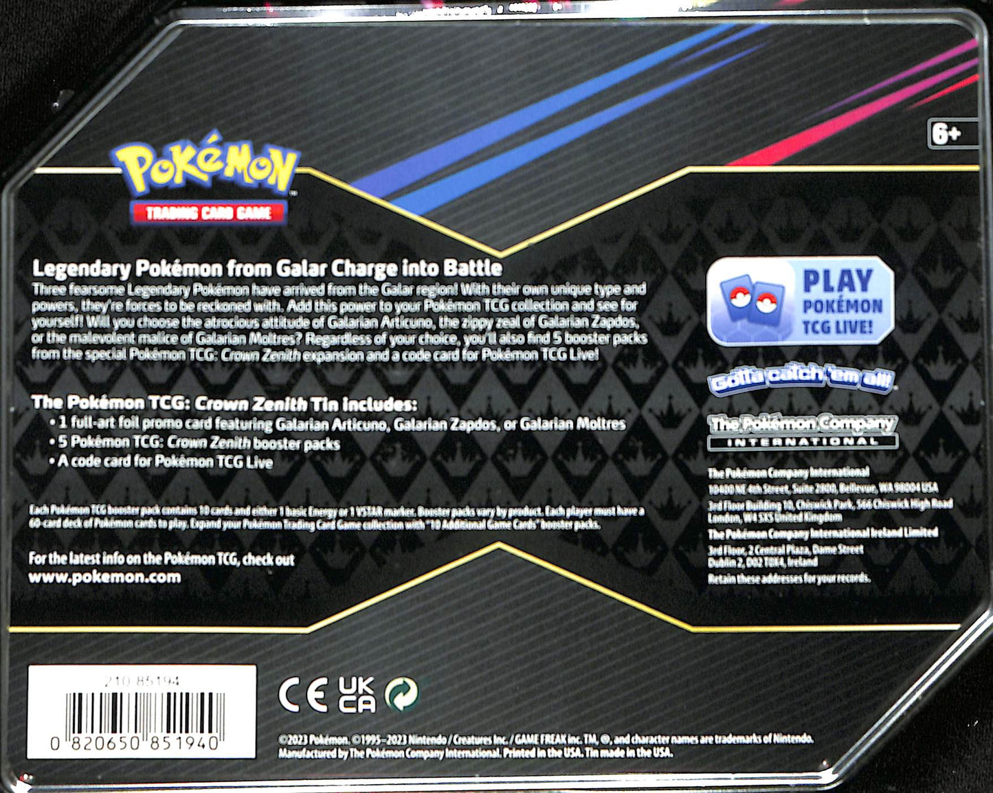 Crown Zenith Tin [Galarian Zapdos][Galarian Articuno] - Crown Zenith (CRZ) - Pokemon - Sealed Wax