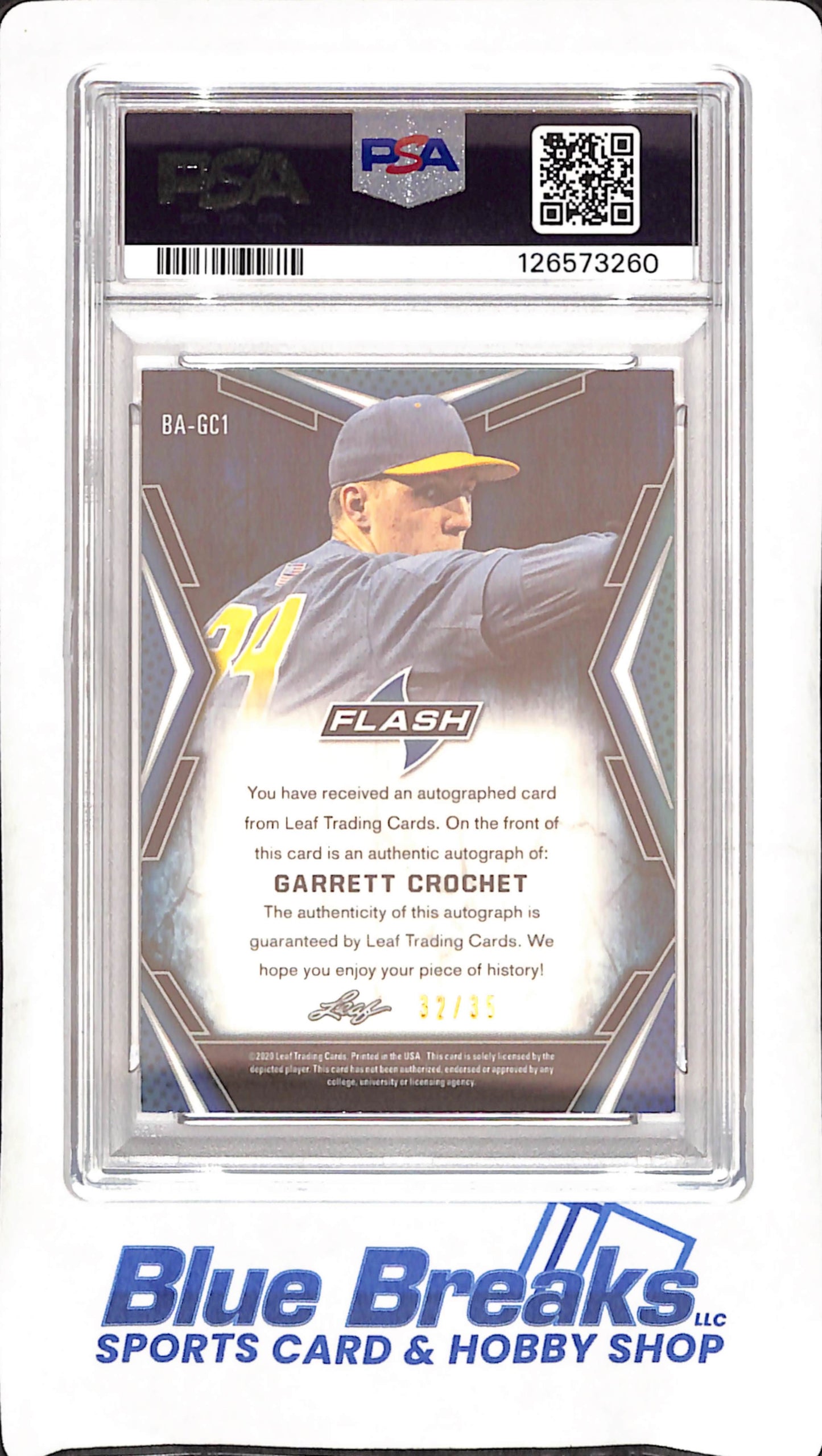 2020 Leaf Flash - Garrett Crochet - Purple Autograph - PSA 9 Auto 10 - 32/25 - Baseball - #BA-GC1
