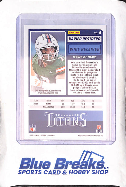2025 Panini Score - Xavier Restrepo - Rookie - Autograph - Tennessee Titans - Football - #6