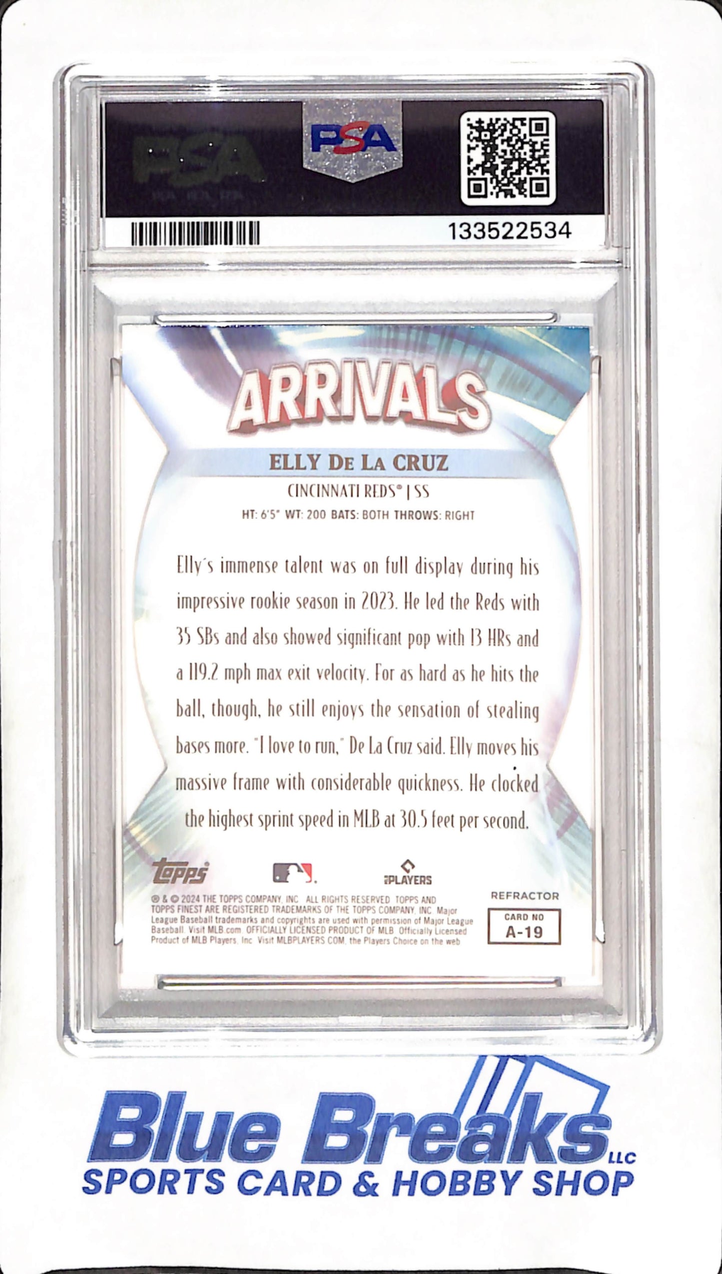 2024 Topps Finest - Elly De La Cru - Arrivals - Refractor - PSA - 10 - RC - Cincinnati Reds - Baseball - #A-19