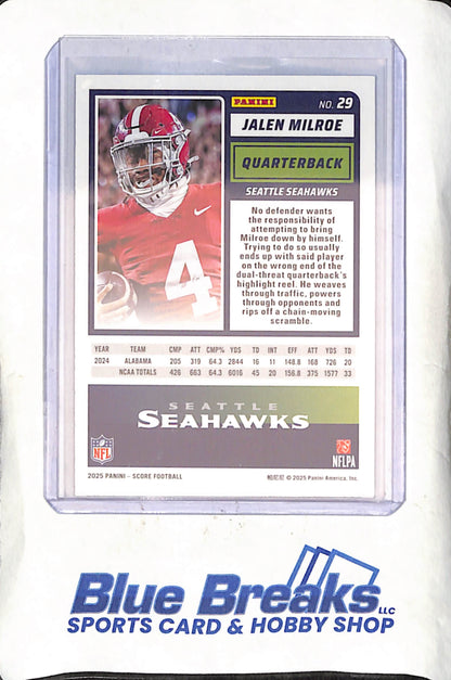 2025 Panini Score - Jalen Milroe - 339/499 - RC - Seattle Seahawks - Football - #29