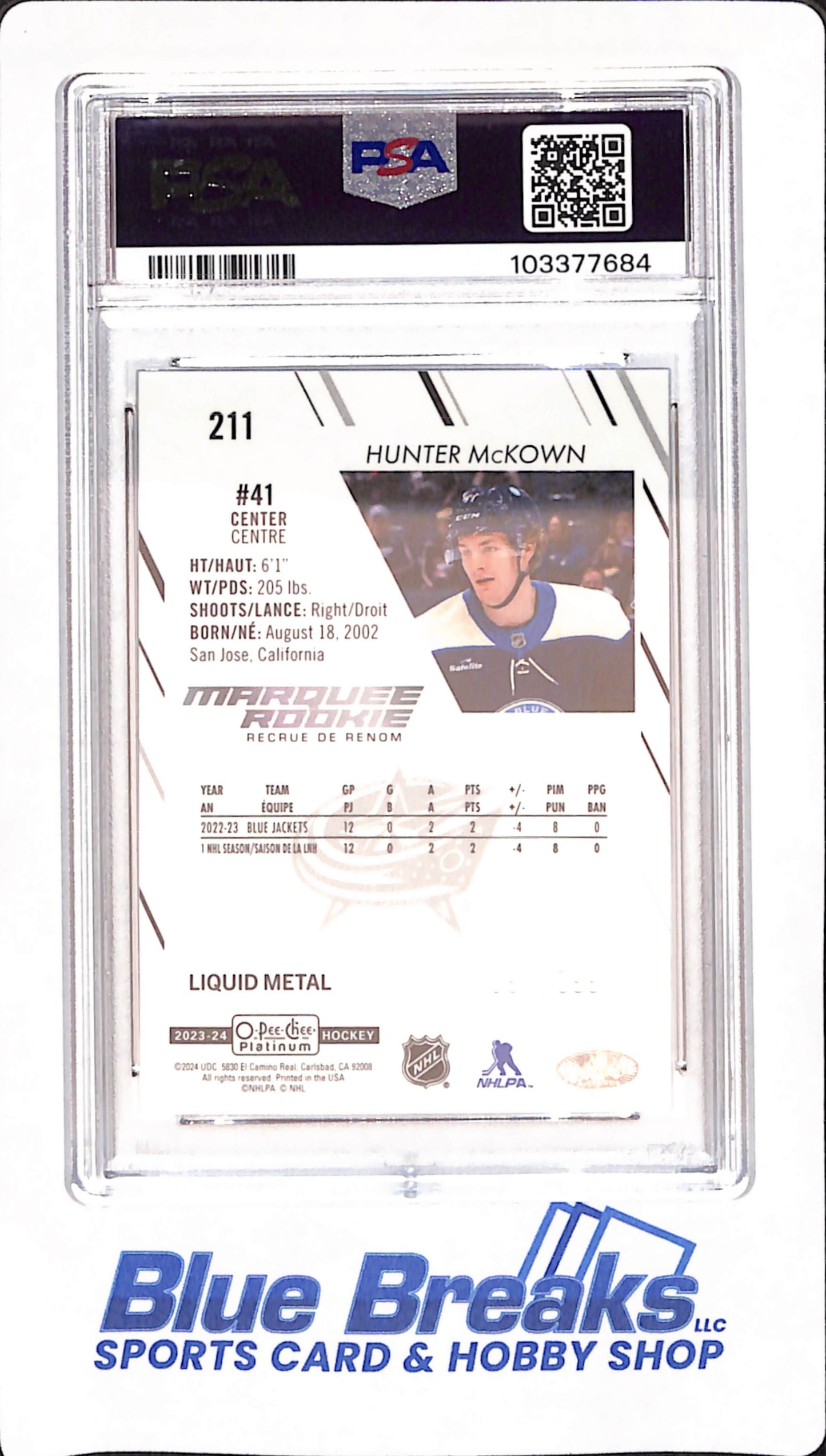 2023 O-Pee-Chee Platinum - Hunter McKown - Columbus Blue Jackets - Hockey - Liquid Metal - PSA GEM MT 10 - 291/399 - #211