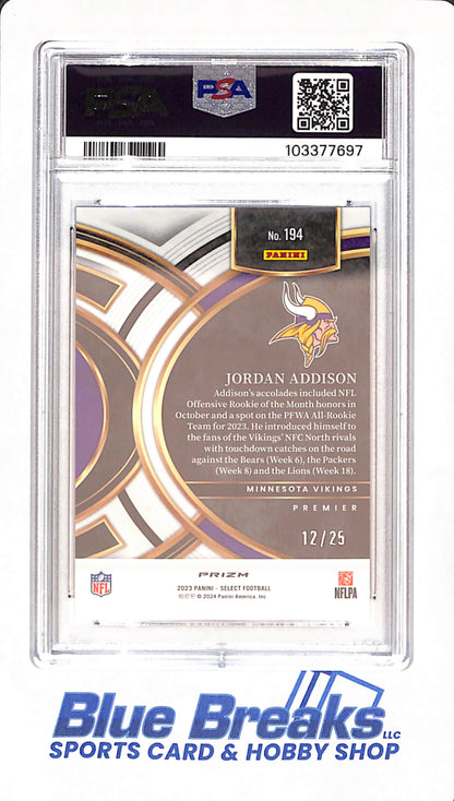 2023 Select - Jordan Addison - Minnesota Vikings - Football - Blue Disco Prizm - PSA GEM MT 10 - 12/25 - #194