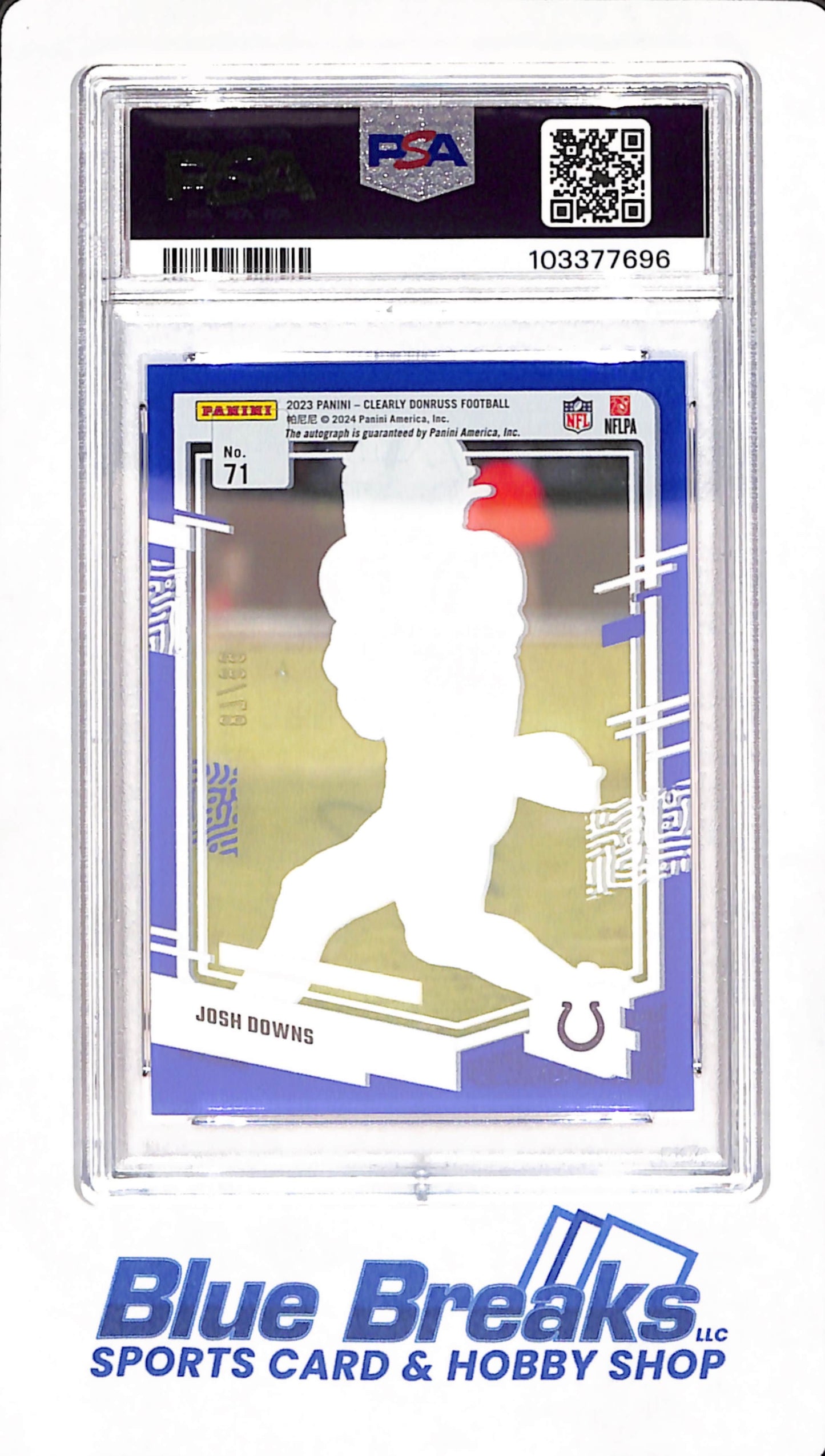 2023 Clearly Donruss - Josh Downs - Autograph - Indianapolis Colts - Football - Blue - Rated Rookie - 87/99 - PSA GEM MT 10 - #71