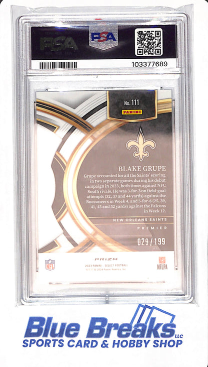 2023 Select - Blake Grupe - New Orleans Saints - Football - Die-Cut White Prizm - RC - PSA GEM MT 10 - 029/199 - #111