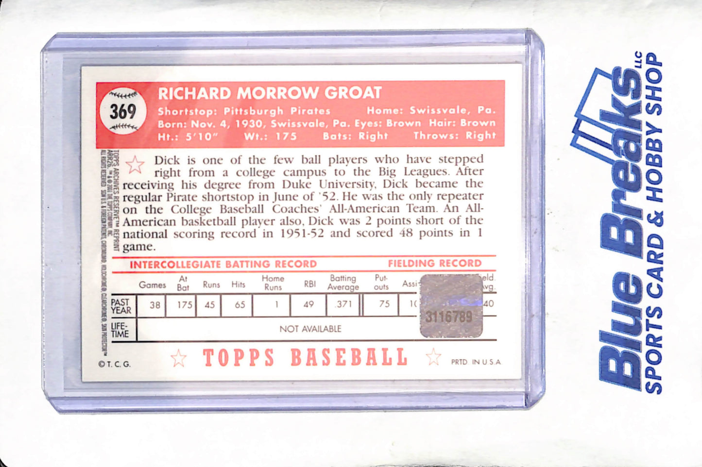 2001 Topps Archives Reserve - Dick Morrow Groat - Bat Relic - Pittsburgh Pirates - Baseball - #369
