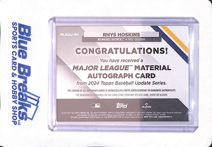 2024 Topps Rhys Hoskins - Milwaukee Brewers - Baseball - Auto - Relic - 13/50 - #MLMAU-RH