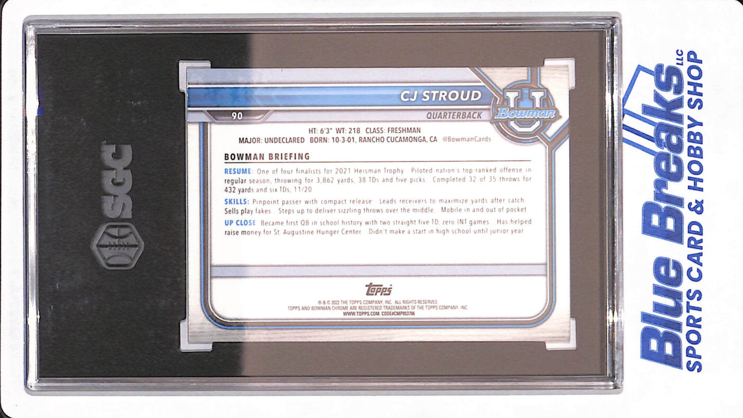 2021-2022 Bowman University - CJ Stroud - Prospect - Football - Chrome Pink Refractor - SGC 10 - #90