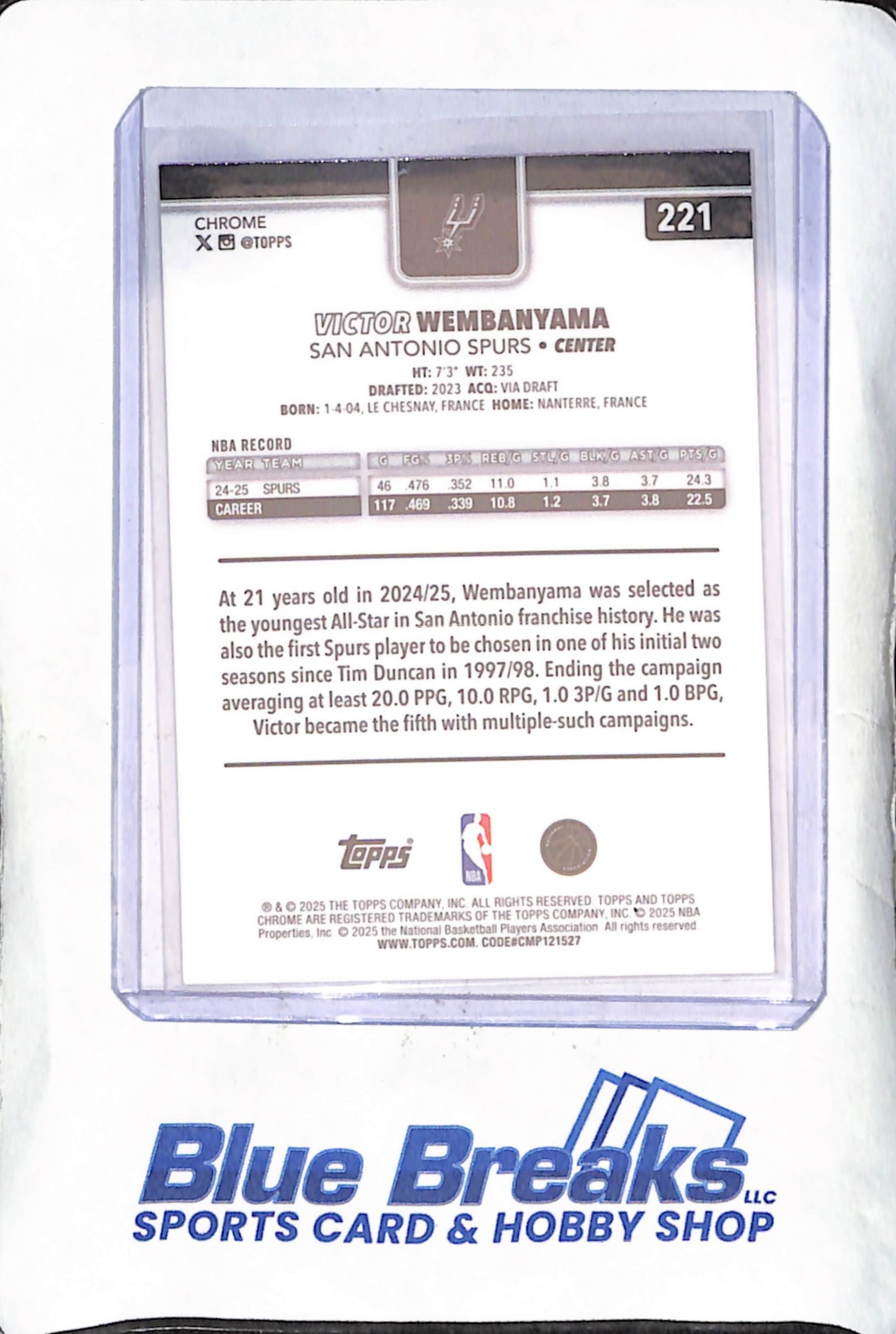 2025 Topps Chrome - Victor Wembanyama - Red white blue - San Antonio Spurs - Basketball - #221