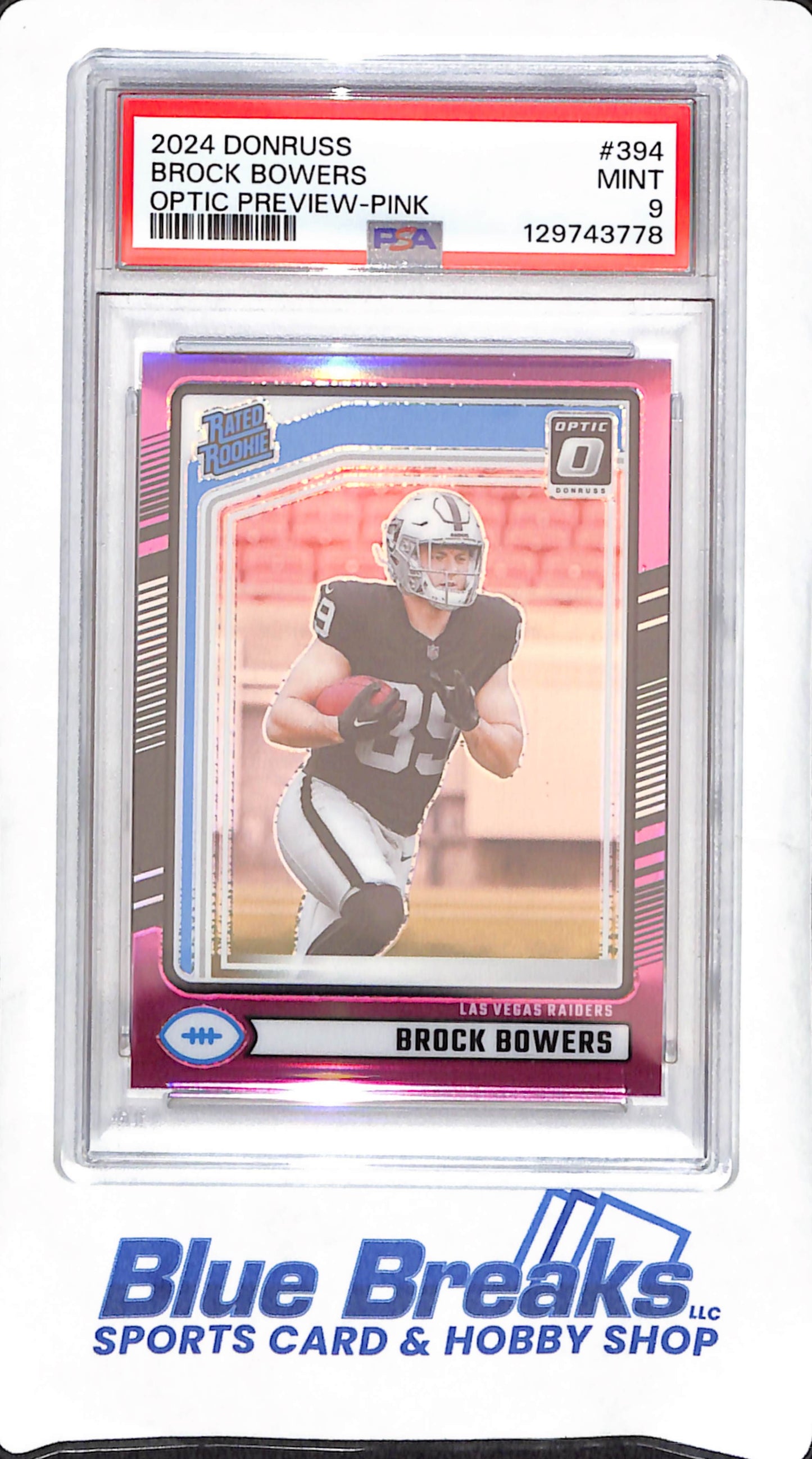 2024 Panini Donruss Optic - Brock Bowers - Pink Preview - Rated Rookie - PSA 9 - Las Vegas Raiders - Football - #394