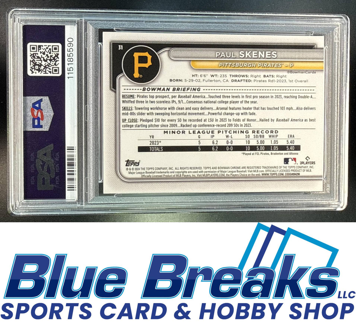2024 Bowman Chrome Paul Skenes #31 Mega Box Refractor RC PSA 10 Pittsburgh Pirates