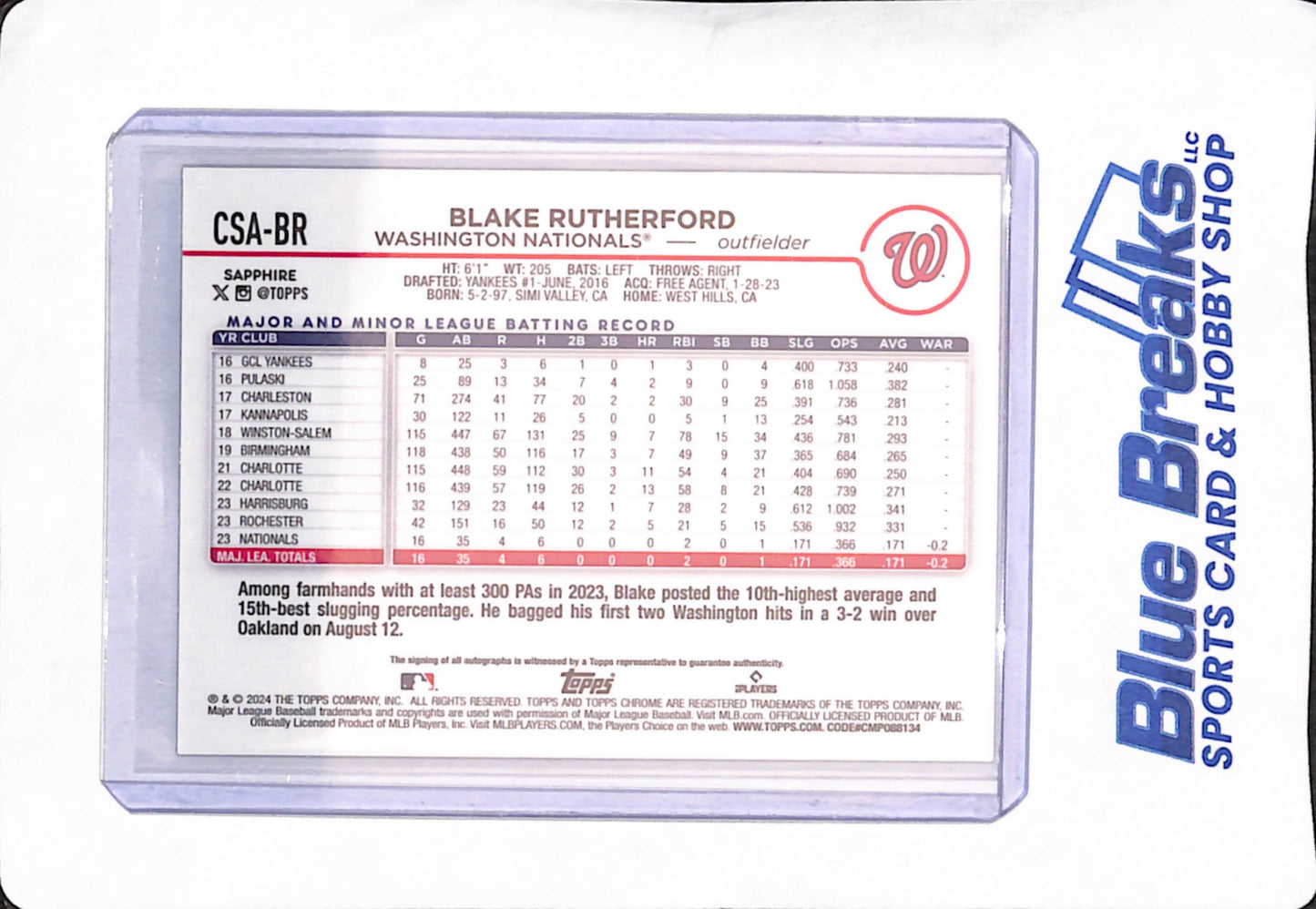 2024 Topps Chrome Sapphire - Blake Rutherford - Washington Nationals - Baseball - Autograph - Green - 54/99 - RC - #CSA-BR