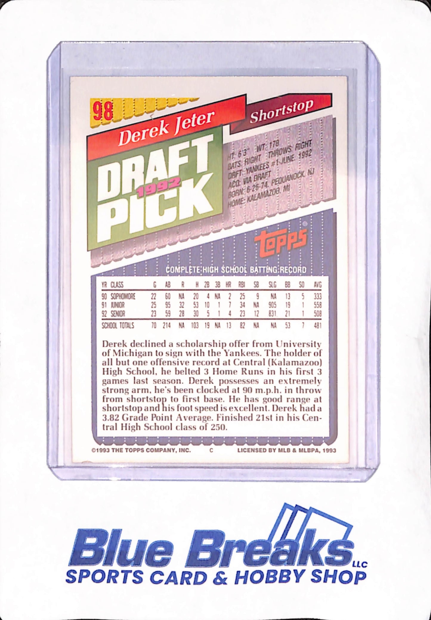 1993 Topps - 1992 Draft Pick - Derek Jeter - New York Yankees - Baseball - 1992 Draft Pick - #98