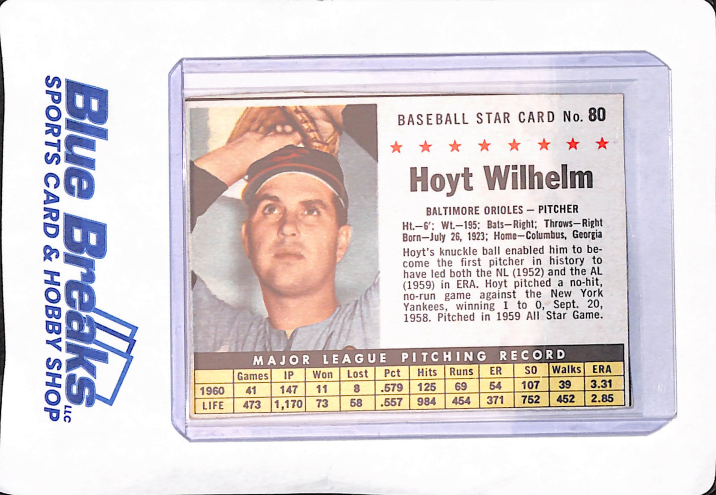 1961 Post Cereal Baseball Star Card - Hoyt Wilhelm - Baltimore Orioles - Baseball - #80