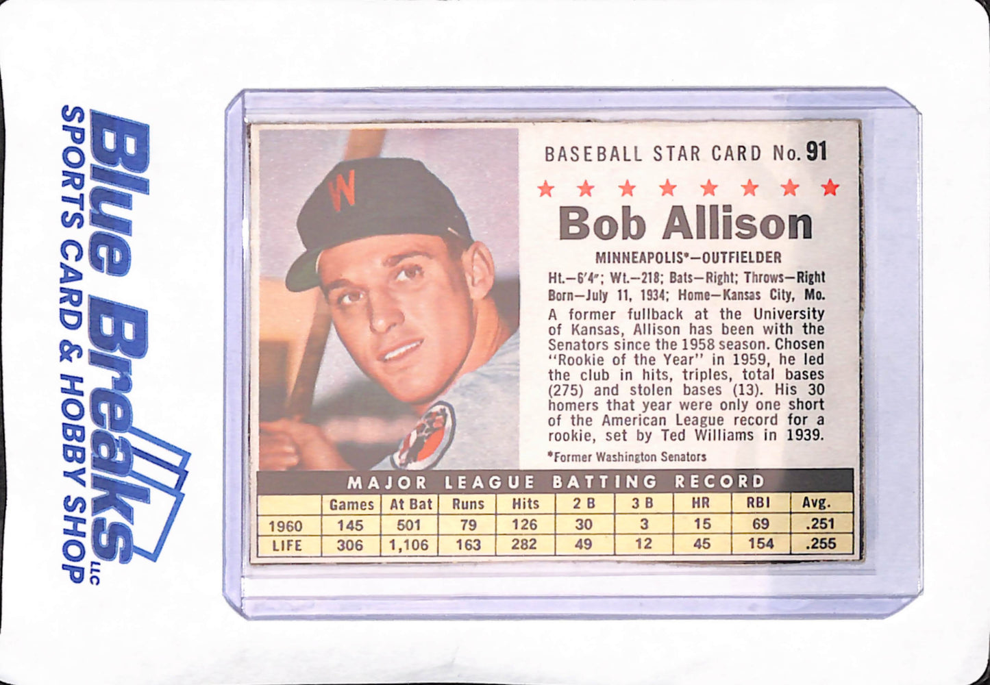 1961 Post Cereal Baseball Star Card - Bob Allison - Minnesota Twins Baseball - #91