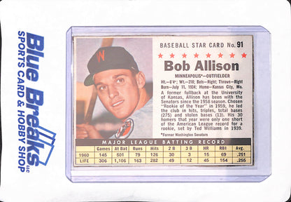 1961 Post Cereal Baseball Star Card - Bob Allison - Minnesota Twins Baseball - #91