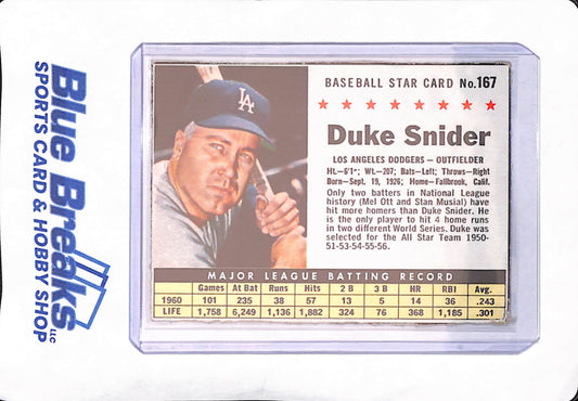 1961 Post Cereal Baseball Star Card - Duke Snider - Los Angeles Dodgers - #167