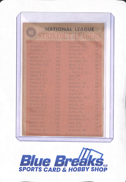 1962 Topps - National League Strikeout Leaders - Sandy Koufax - Stan Williams - Don Drysdale - Jim O'Toole - Cincinnati Reds - Los Angeles Dodgers - Baseball - #60