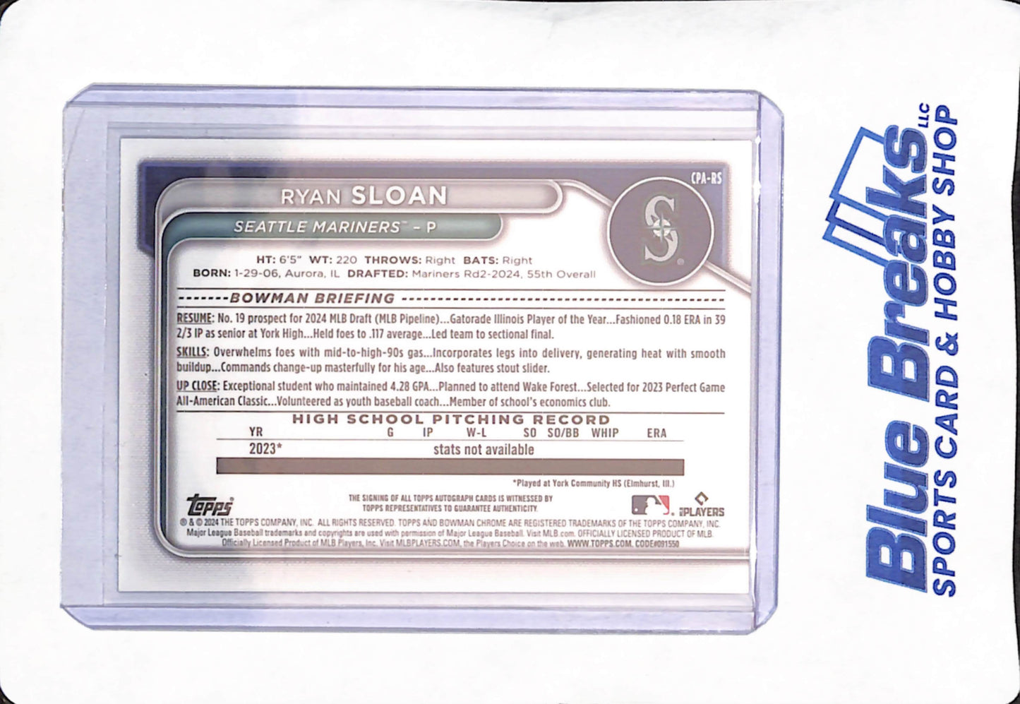 2024 Bowman Chrome - Ryan Sloan - Seattle Mariners - Baseball - Autograph - 1st Bowman - #CPA-RS