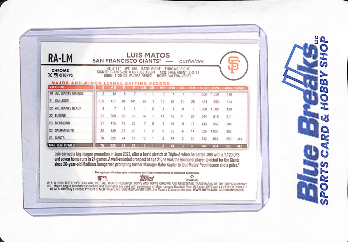 2024 Topps Chrome - Luis Matos - San Francisco Giants - Baseball - Autograph - RC - #RA-LM