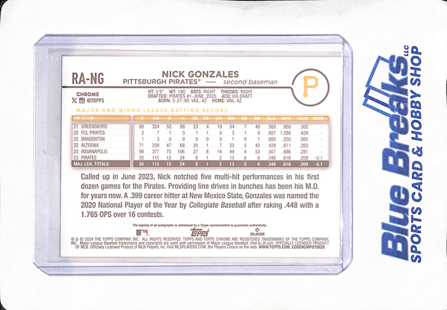 2024 Topps Chrome - Nick Gonzales - Pittsburgh Pirates - Baseball - Autograph - RC - #RA-NG
