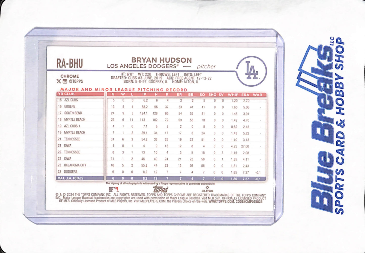 2024 Topps Chrome - Bryan Hudson - Los Angeles Dodgers - Baseball - Autograph - Green - RC - 43/99 - #RA-BHU