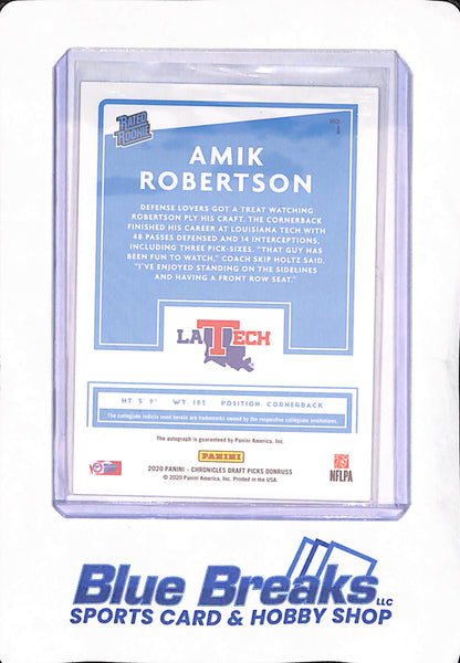 2020 Panini Donruss Chronicles Draft Picks - Amik Robertson - Los Angeles Tech - Football - Autograph - Rated Rookie - #1