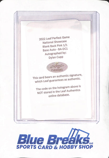 2022 Leaf - Perfect Game - Dylan Cupp  - National Showcase - Baseball - Autograph - Blank Back - Pink - 1/1
