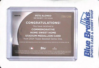2024 Topps Series One - Pete Alonso - New York Mets - Baseball - Commemorative Home Sweet Home Stadium Medallion Card - 100/299 - #HSH-PA