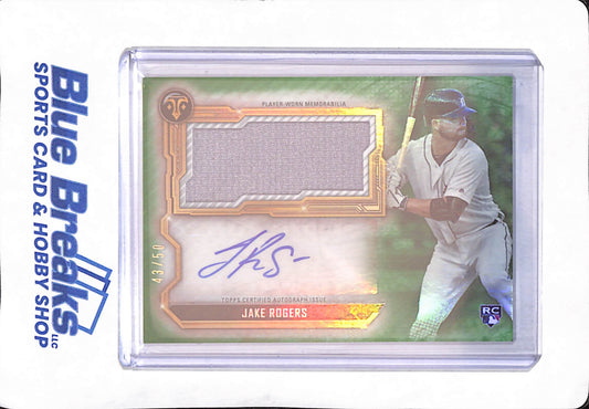 2020 Topps Triple Threads - Jake Rogers - Detroit Tigers - Autograph - Jumbo Relic - RC - Green - 43/50 - #ASJR-JRO