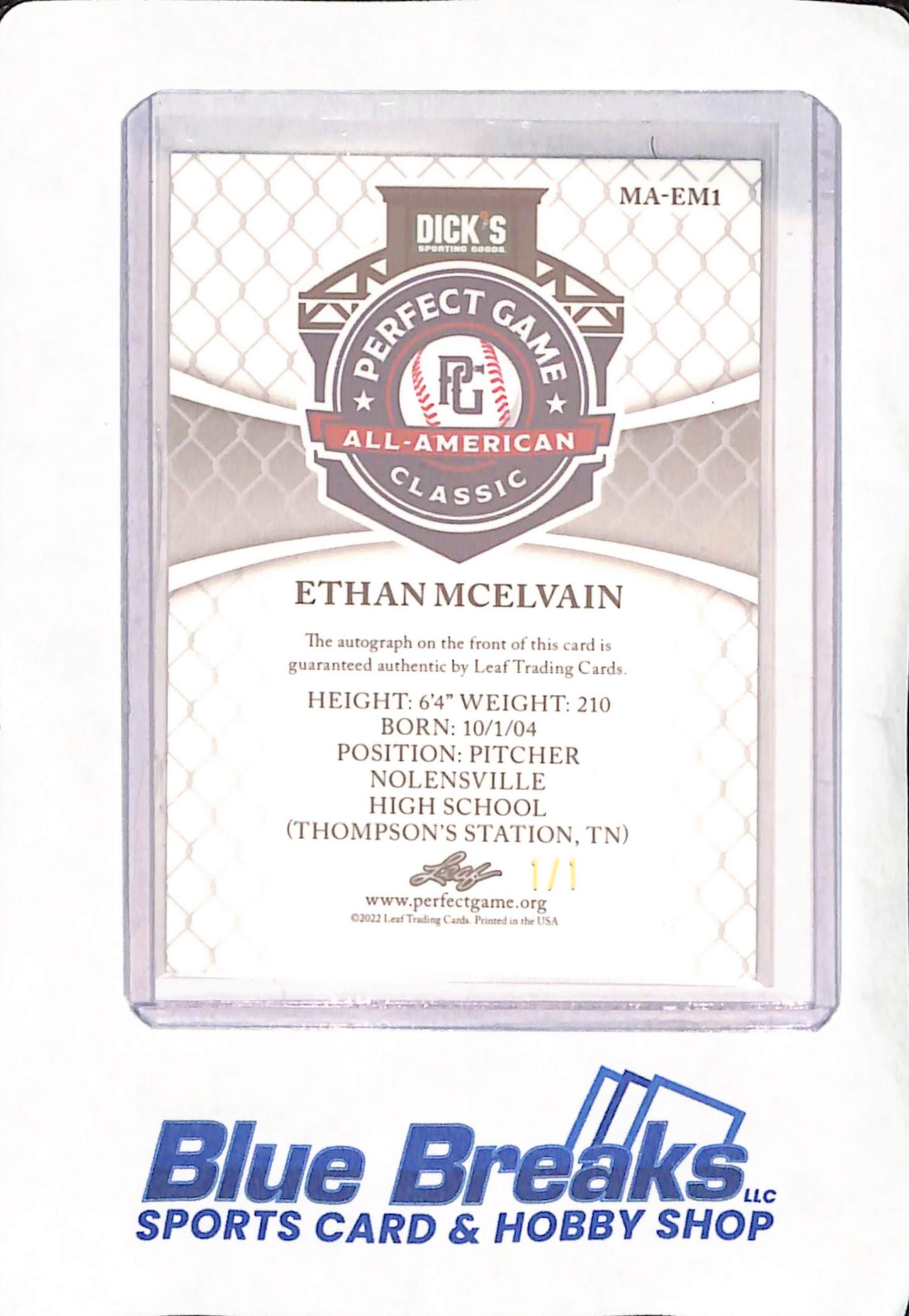2022 Leaf Metal - Perfect Game - Ethan McElvain - Nolensville High School - National Showcase - Baseball - Autograph - 1/1 -#MA-EM1