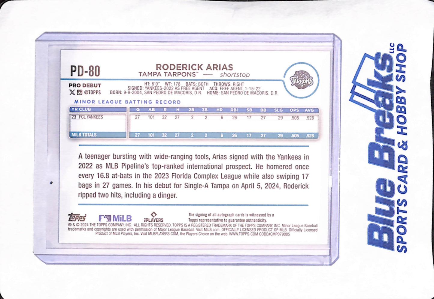 2024 Topps Pro Debut - Roderick Arias - Tampa Tarpons - Baseball Autograph - #PD-80