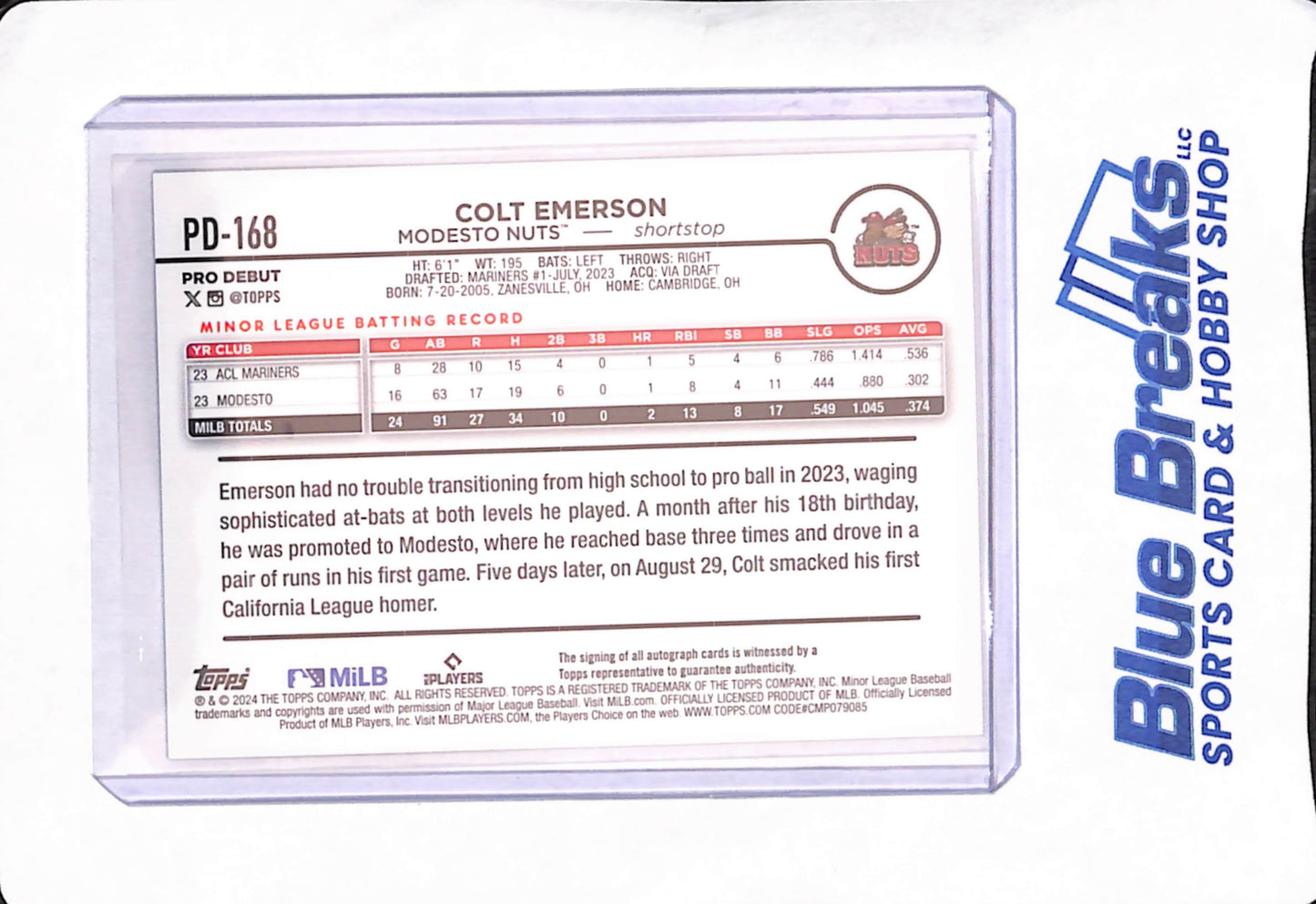2024 Topps Pro Debut - Colt Emerson - Modesto Nuts - Baseball - Autograph - #PD-168