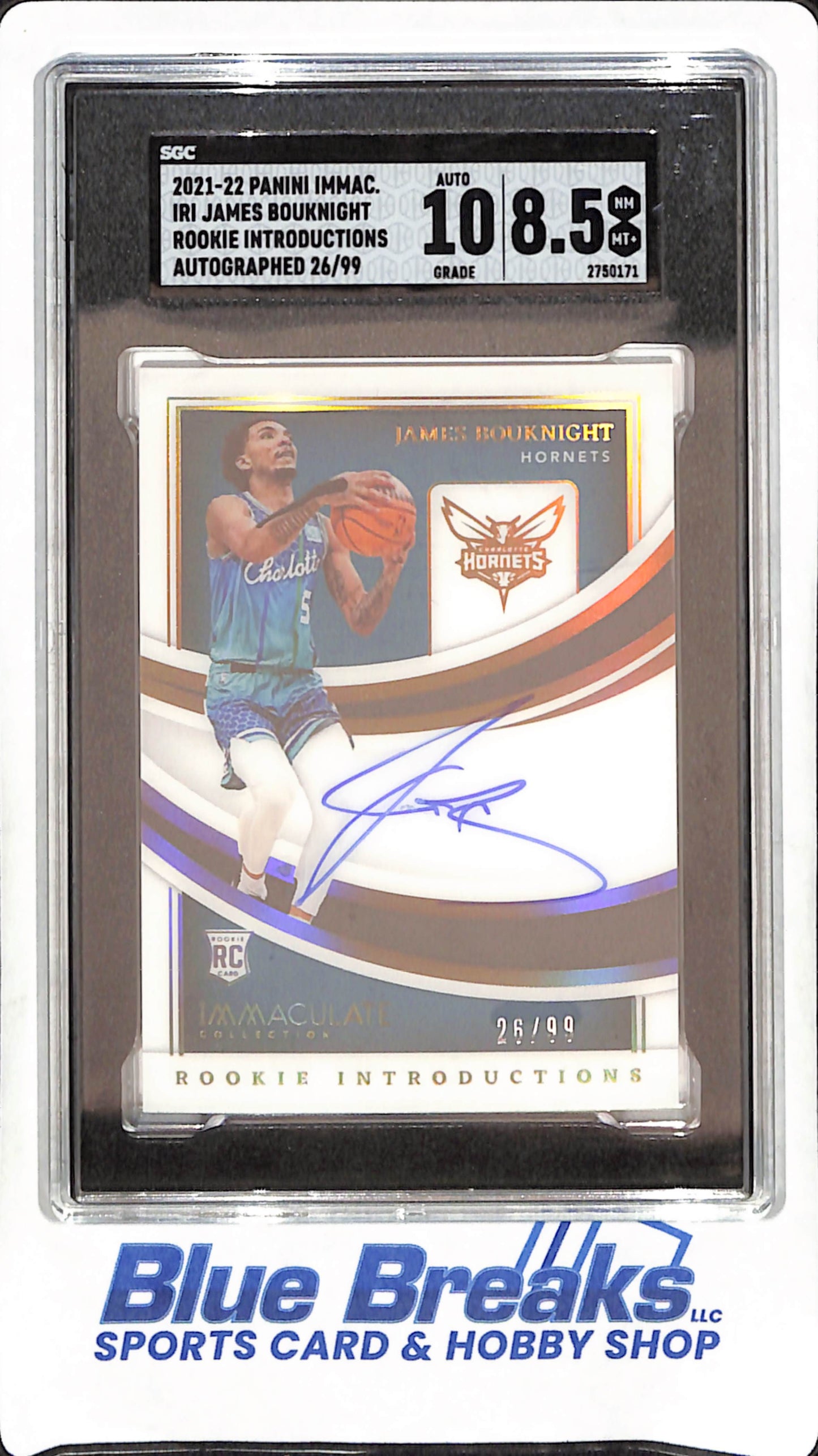 2021-22 Panini Immaculate 0 James Bouknight - Rookie Introductions - Autograph - 26/99 - SGC 8.5/Auto 10 - Charlotte Hornets - Basketball - #IRI-JBC