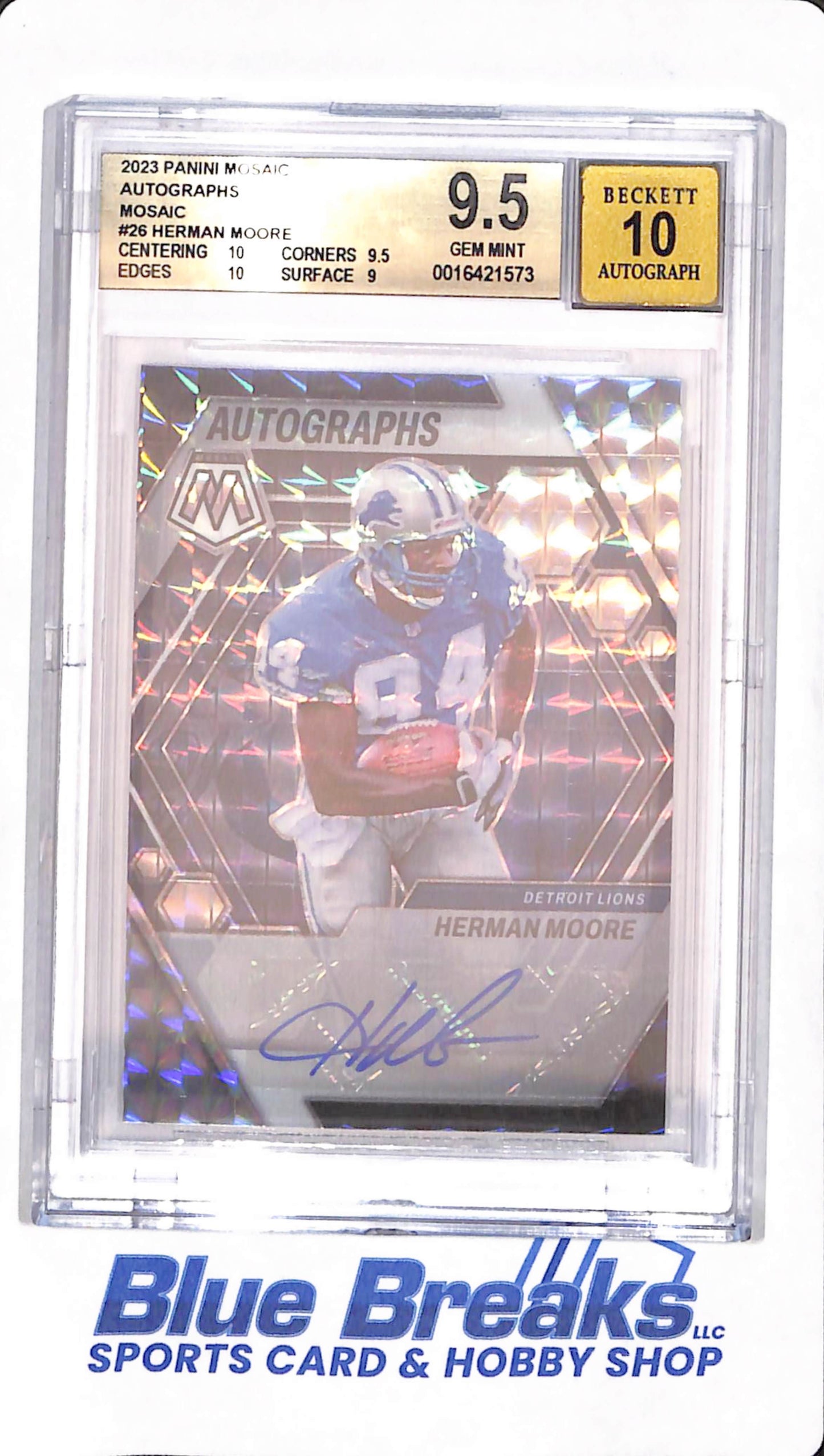 2023 Panini Mosaic Autographs - Herman Moore - Detroit Lions - Beckett GEM MINT 9.5 / Auto 10 - Prizm - #AM-HM