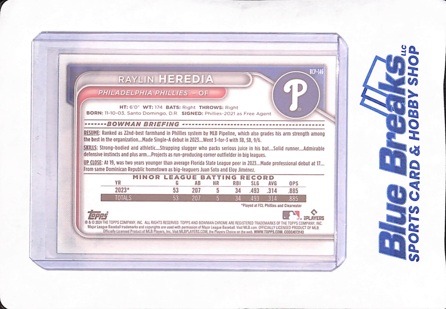 2024 Bowman Chrome - Raylin Heredia - Philadelphia Phillies - Baseball - Orange Shimmer - 1st - #BCP-146