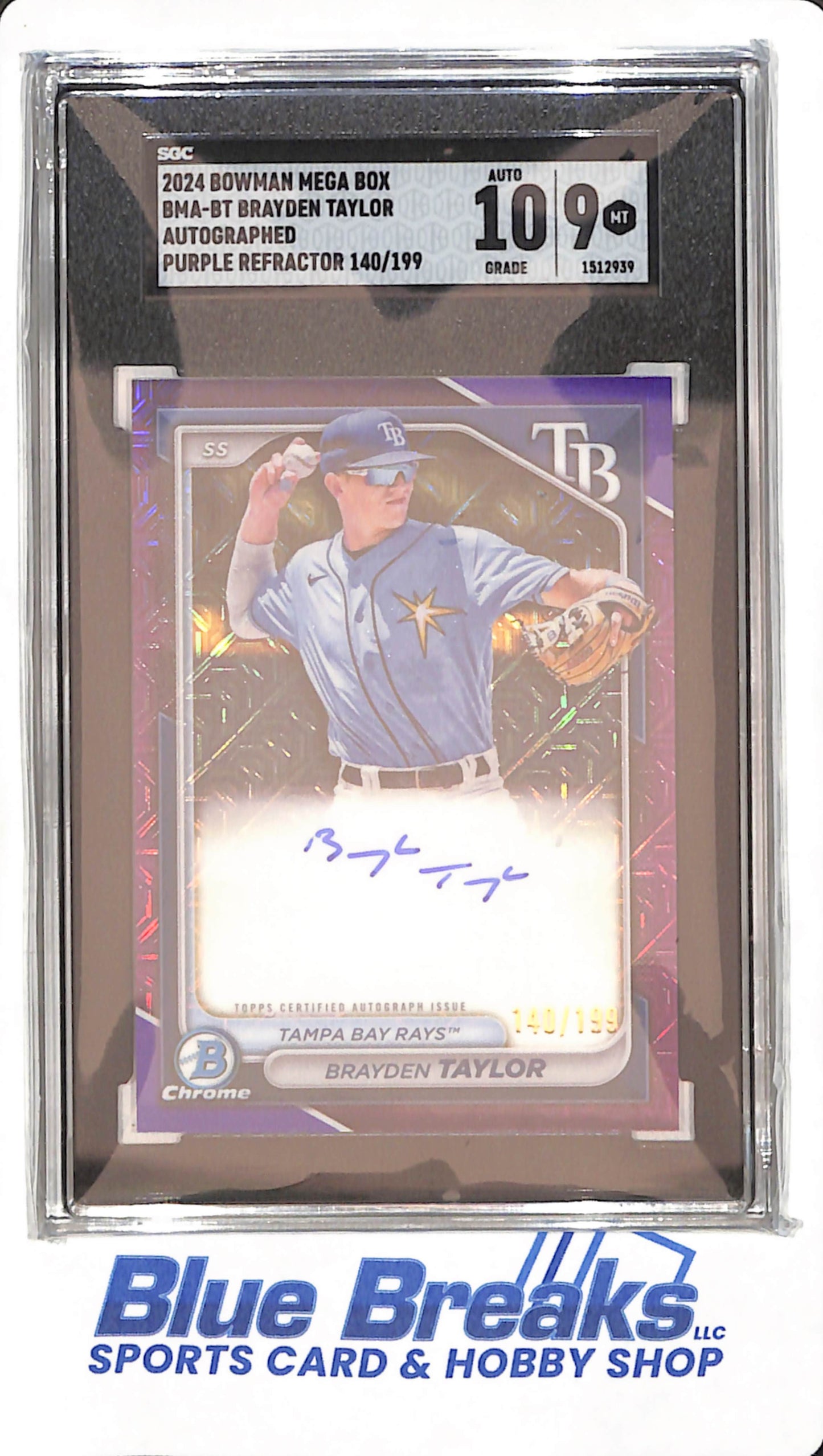 2024 Bowman - Mega Box - Purple Refractor - Brayden Taylor - Autograph - 140/199 - SGC 9/auto 10 - Rays