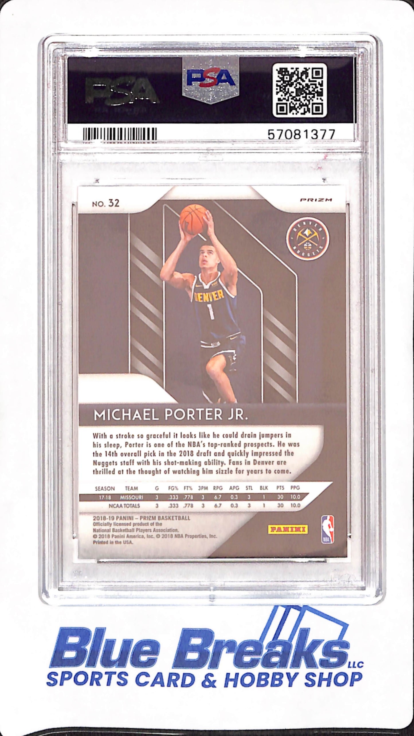2018 Panini Prizm - Michael Porter Jr - Basketball - Denver Nuggets - # 32 - Silver Prizm - PSA 9