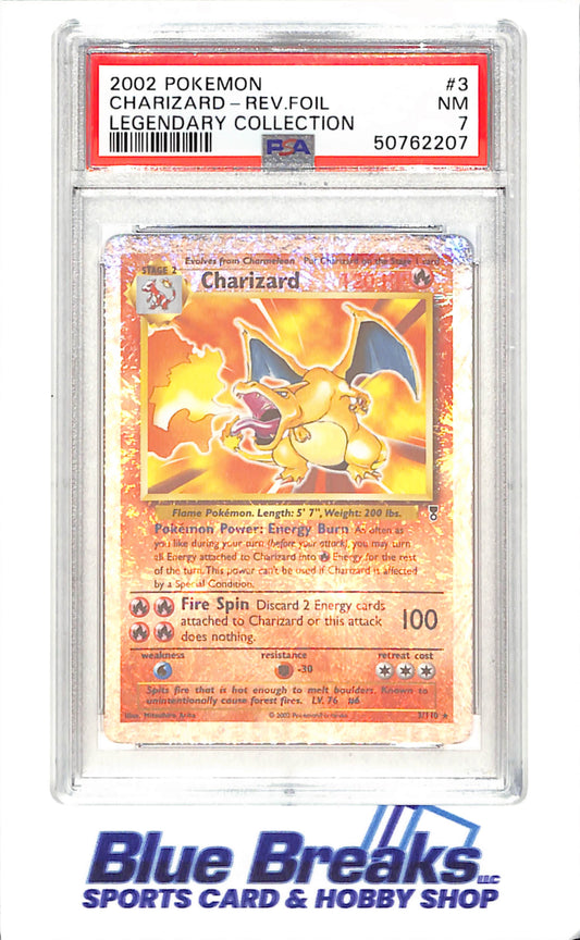 2002 Pokemon - Charizard - Reverse Foil - Legendary Collection - PSA 7 - 3/110 - Drop